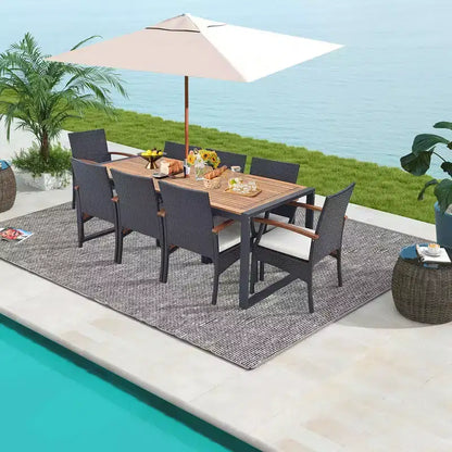 Set da Pranzo da Esterno in Rattan Costway da 9 Pezzi con Tavolo in Legno di Acacia, Foro per Ombrellone da 1,9"
