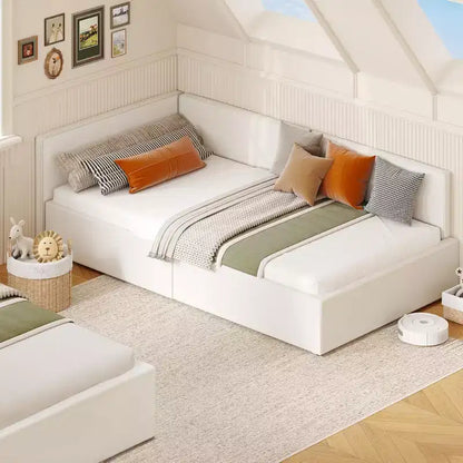 Struttura Divano Letto Angolare Doppio con Testiera Imbottita in Velluto, Daybed con Sponda Regolabile per Bambini, Camera da Letto per Ragazzi e Ragazze e Camera degli Ospiti