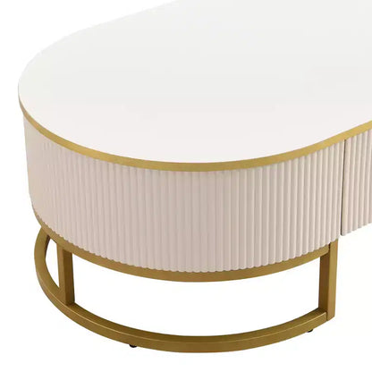 Tavolino da Caffè Moderno 47W, Tavolino da Salotto, Tavolino Centrotavola, Tavolino d'Appoggio con Cassetti, Design dal Profilo Curvo, Gambe in Metallo Dorato, Ovale, Bianco+Oro-ModernLuxe