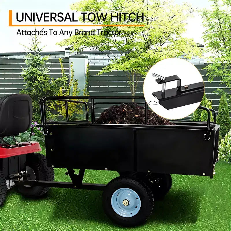 Carrello Ribaltabile in Acciaio Super Resistente da 750 libbre, Rimorchio da Giardino Utilitario da 15 piedi cubi con Sponda Rimovibile e Ruote da 16 pollici, Trainabile con Trattore o Rasaerba