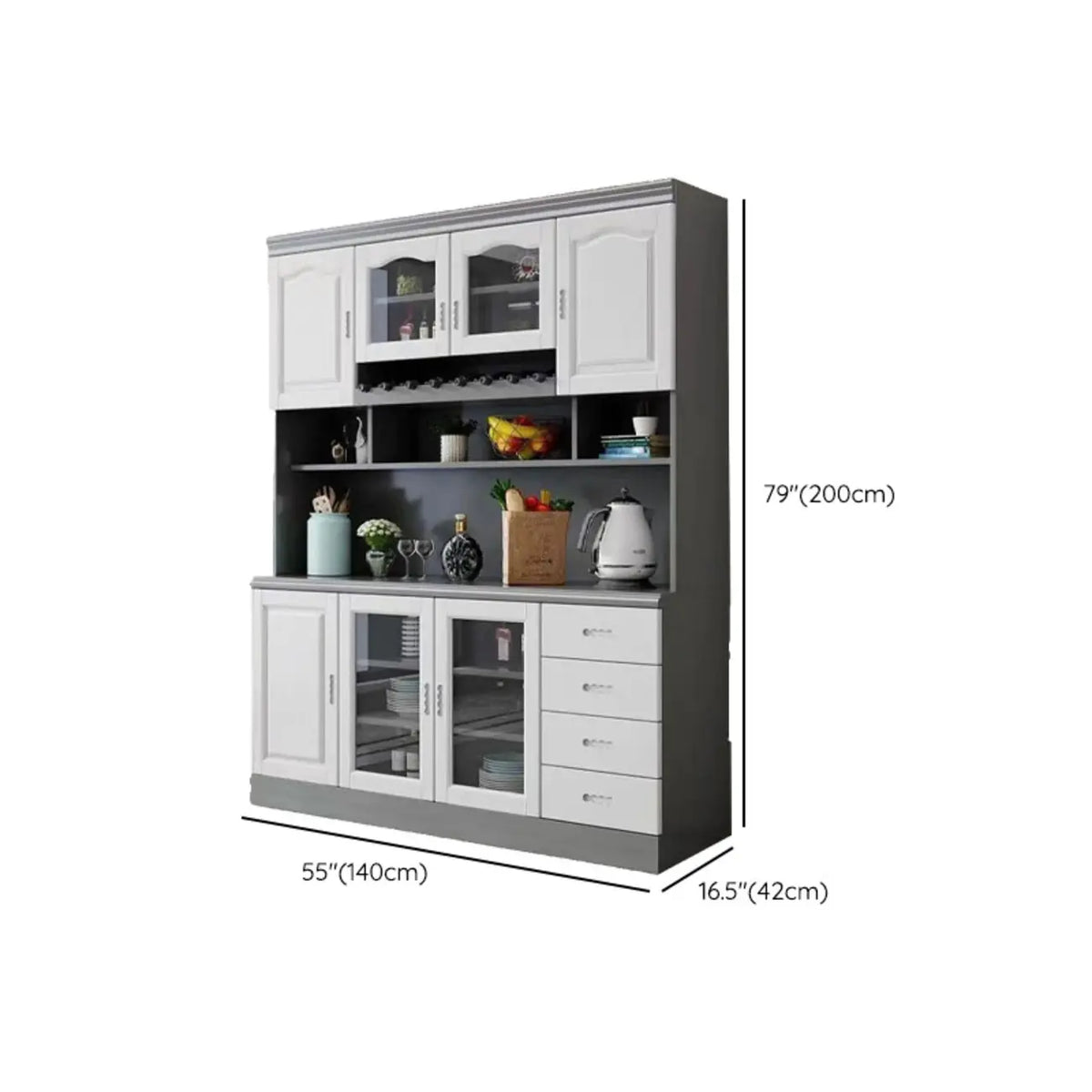 Buffet de cuisine en bois blanc avec casier à vin intégré