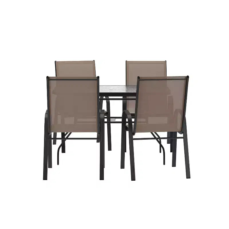 Set da pranzo da esterno 5 pezzi Emma e Oliver con tavolo da patio con ripiano in vetro temperato e 4 sedie impilabili in Textilene Flex Comfort