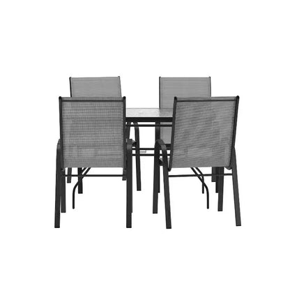 Set da pranzo da esterno 5 pezzi Emma e Oliver con tavolo da patio con ripiano in vetro temperato e 4 sedie impilabili in Textilene Flex Comfort