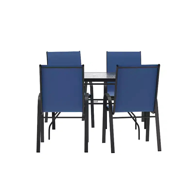 Set da pranzo da esterno 5 pezzi Emma e Oliver con tavolo da patio con ripiano in vetro temperato e 4 sedie impilabili in Textilene Flex Comfort