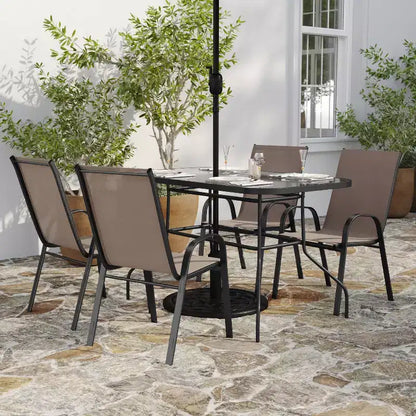 Set da tavolo da pranzo per esterni Merrick Lane da 5 pezzi per 4 persone con tavolo da patio con ripiano in vetro e 4 sedie impilabili con materiale Flex Comfort