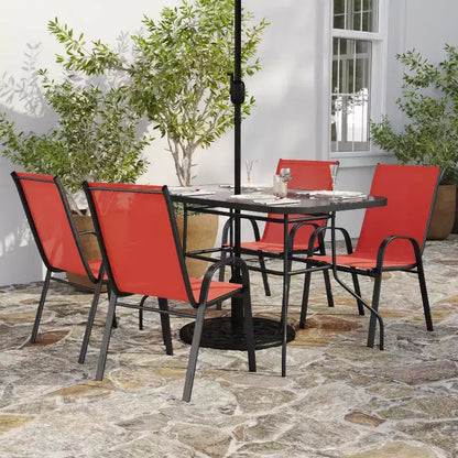 Set da tavolo da pranzo per esterni Merrick Lane da 5 pezzi per 4 persone con tavolo da patio con ripiano in vetro e 4 sedie impilabili con materiale Flex Comfort