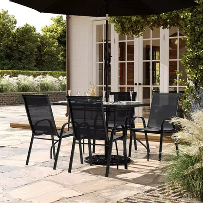Ensemble de salle à manger d'extérieur Flash Furniture Brazos 5 pièces de qualité commerciale avec table de patio en verre trempé et 4 chaises avec assises et dossiers en matériau Flex Comfort