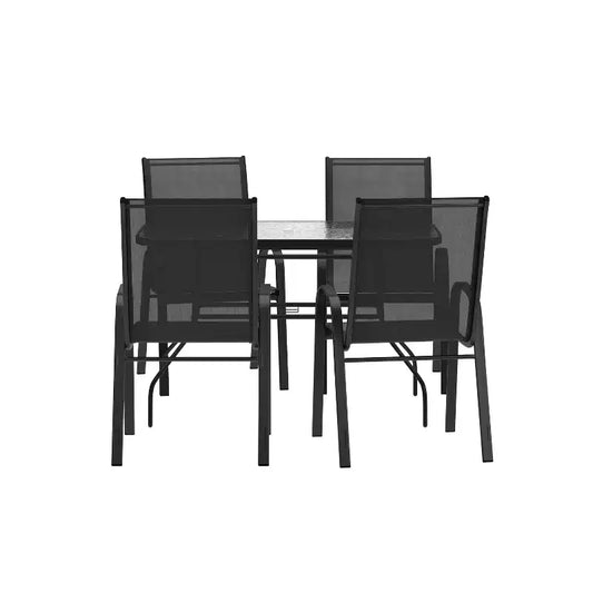 Flash Furniture Brazos 5 Piece Commercial Grade Patio Dining Set with Tempered Glass Patio Table and 4 Chairs with Flex Comfort Material Seats and Backs