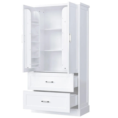 Armadietto alto da bagno, Armadietto con due ante e cassetti, Ripiano regolabile, Pannello in MDF