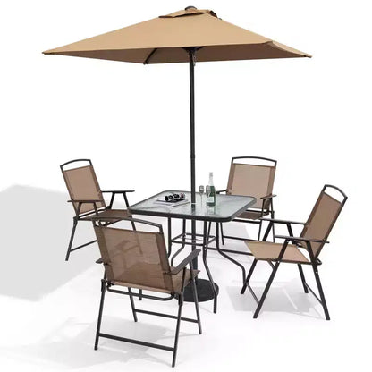 Crestlive Products Set da pranzo da patio 6 pezzi con 4 sedie pieghevoli, tavolo quadrato in vetro temperato e ombrellone