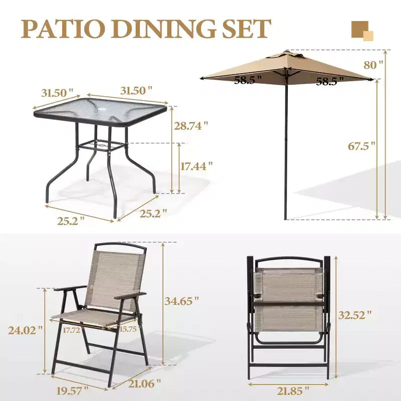 Crestlive Products Set da pranzo da patio 6 pezzi con 4 sedie pieghevoli, tavolo quadrato in vetro temperato e ombrellone