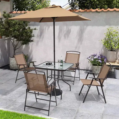 Crestlive Products Set da pranzo da patio 6 pezzi con 4 sedie pieghevoli, tavolo quadrato in vetro temperato e ombrellone
