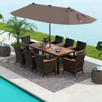 Ensemble de salle à manger Costway 11 pièces avec parasol de terrasse double face de 4,5 m (socle inclus) beige/café/bleu marine/orange/lie de vin/gris