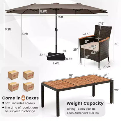 Ensemble de salle à manger Costway 11 pièces avec parasol de terrasse double face de 4,5 m (socle inclus) beige/café/bleu marine/orange/lie de vin/gris