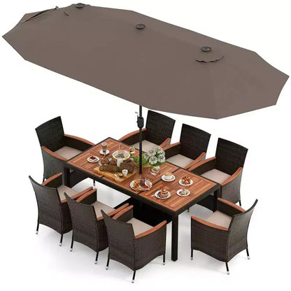 Ensemble de salle à manger Costway 11 pièces avec parasol de terrasse double face de 4,5 m (socle inclus) beige/café/bleu marine/orange/lie de vin/gris