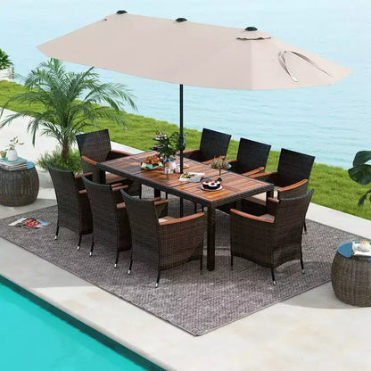Ensemble de salle à manger Costway 11 pièces avec parasol de terrasse double face de 4,5 m (socle inclus) beige/café/bleu marine/orange/lie de vin/gris