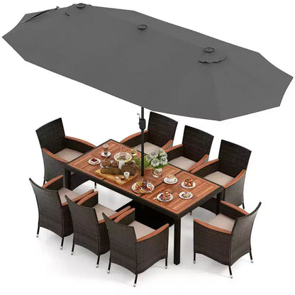 Ensemble de salle à manger Costway 11 pièces avec parasol de terrasse double face de 4,5 m (socle inclus) beige/café/bleu marine/orange/lie de vin/gris