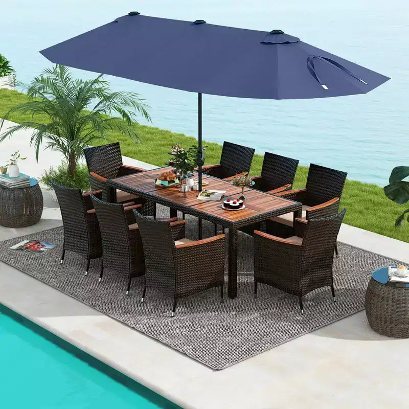 Ensemble de salle à manger Costway 11 pièces avec parasol de terrasse double face de 4,5 m (socle inclus) beige/café/bleu marine/orange/lie de vin/gris