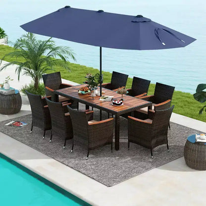 Ensemble de salle à manger Costway 11 pièces avec parasol de terrasse double face de 4,5 m (socle inclus) beige/café/bleu marine/orange/lie de vin/gris