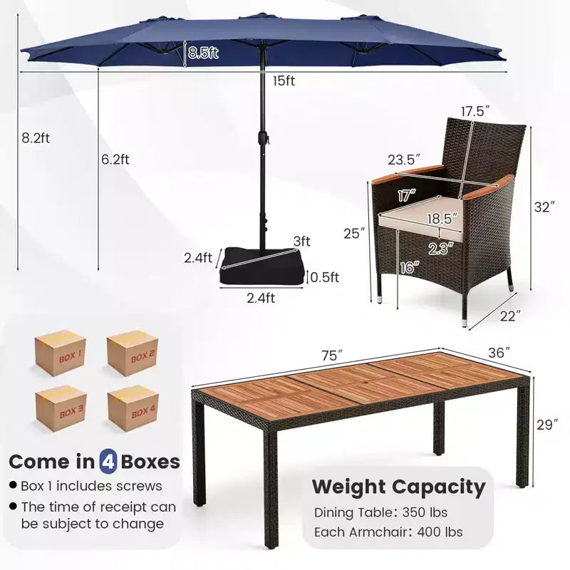 Ensemble de salle à manger Costway 11 pièces avec parasol de terrasse double face de 4,5 m (socle inclus) beige/café/bleu marine/orange/lie de vin/gris