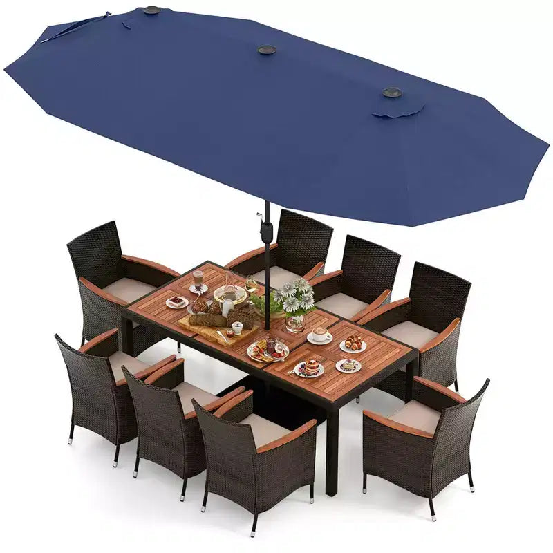 Ensemble de salle à manger Costway 11 pièces avec parasol de terrasse double face de 4,5 m (socle inclus) beige/café/bleu marine/orange/lie de vin/gris