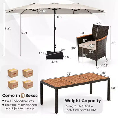 Ensemble de salle à manger Costway 11 pièces avec parasol de terrasse double face de 4,5 m (socle inclus) beige/café/bleu marine/orange/lie de vin/gris