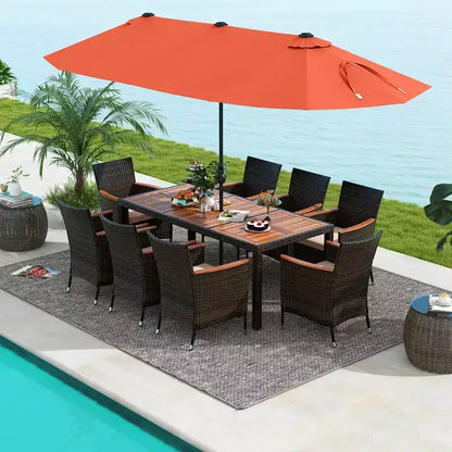 Ensemble de salle à manger Costway 11 pièces avec parasol de terrasse double face de 4,5 m (socle inclus) beige/café/bleu marine/orange/lie de vin/gris