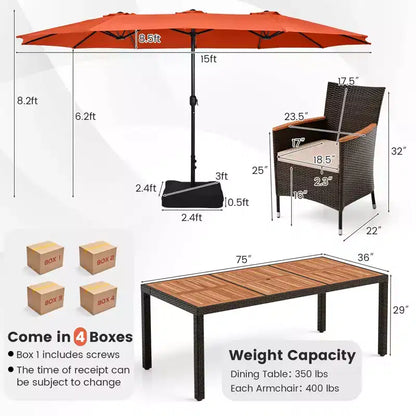 Ensemble de salle à manger Costway 11 pièces avec parasol de terrasse double face de 4,5 m (socle inclus) beige/café/bleu marine/orange/lie de vin/gris
