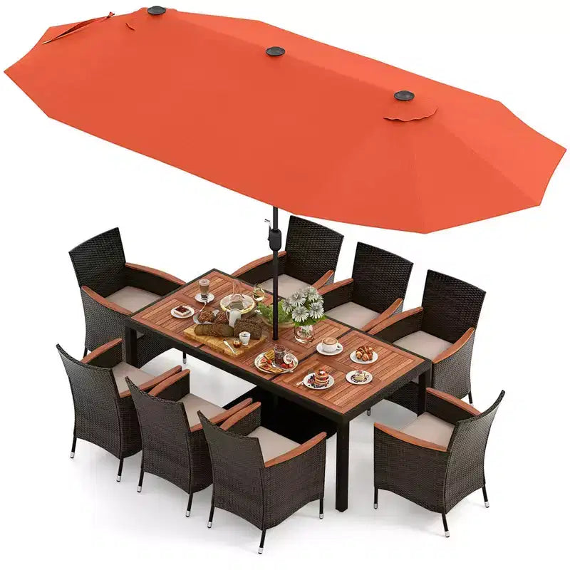 Ensemble de salle à manger Costway 11 pièces avec parasol de terrasse double face de 4,5 m (socle inclus) beige/café/bleu marine/orange/lie de vin/gris