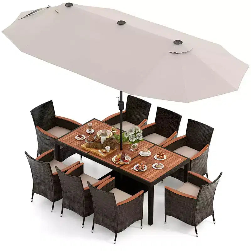 Ensemble de salle à manger Costway 11 pièces avec parasol de terrasse double face de 4,5 m (socle inclus) beige/café/bleu marine/orange/lie de vin/gris