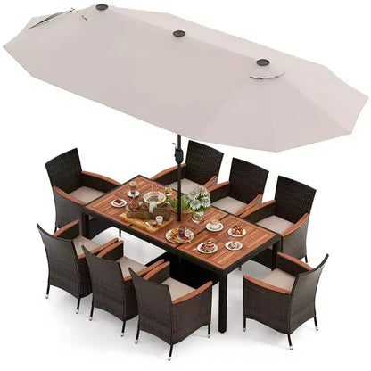 Ensemble de salle à manger Costway 11 pièces avec parasol de terrasse double face de 4,5 m (socle inclus) beige/café/bleu marine/orange/lie de vin/gris