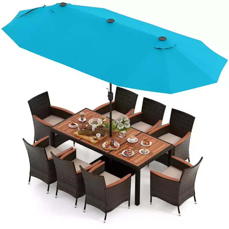 Ensemble de salle à manger Costway 11 pièces avec parasol de terrasse double face de 4,5 m (socle inclus) beige/café/bleu marine/orange/lie de vin/gris