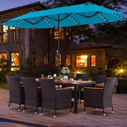 Ensemble de salle à manger Costway 11 pièces avec parasol de terrasse double face de 4,5 m (socle inclus) beige/café/bleu marine/orange/lie de vin/gris