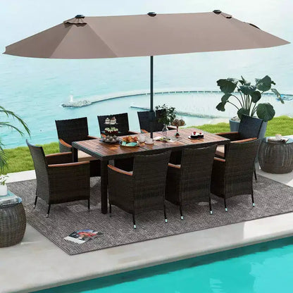 Ensemble de salle à manger Costway 11 pièces avec parasol de terrasse double face de 4,5 m (socle inclus) beige/café/bleu marine/orange/lie de vin/gris