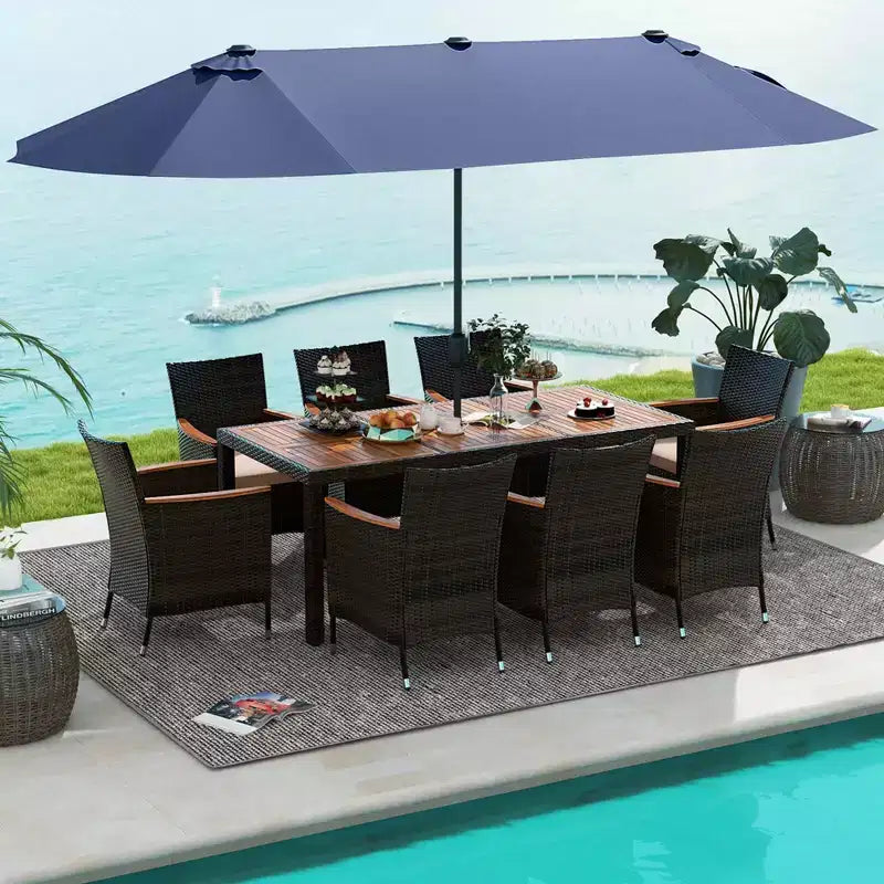 Ensemble de salle à manger Costway 11 pièces avec parasol de terrasse double face de 4,5 m (socle inclus) beige/café/bleu marine/orange/lie de vin/gris