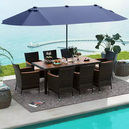 Ensemble de salle à manger Costway 11 pièces avec parasol de terrasse double face de 4,5 m (socle inclus) beige/café/bleu marine/orange/lie de vin/gris