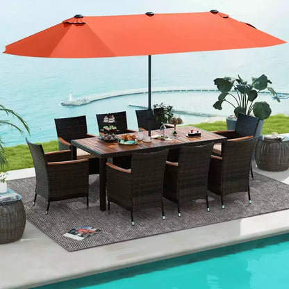 Ensemble de salle à manger Costway 11 pièces avec parasol de terrasse double face de 4,5 m (socle inclus) beige/café/bleu marine/orange/lie de vin/gris