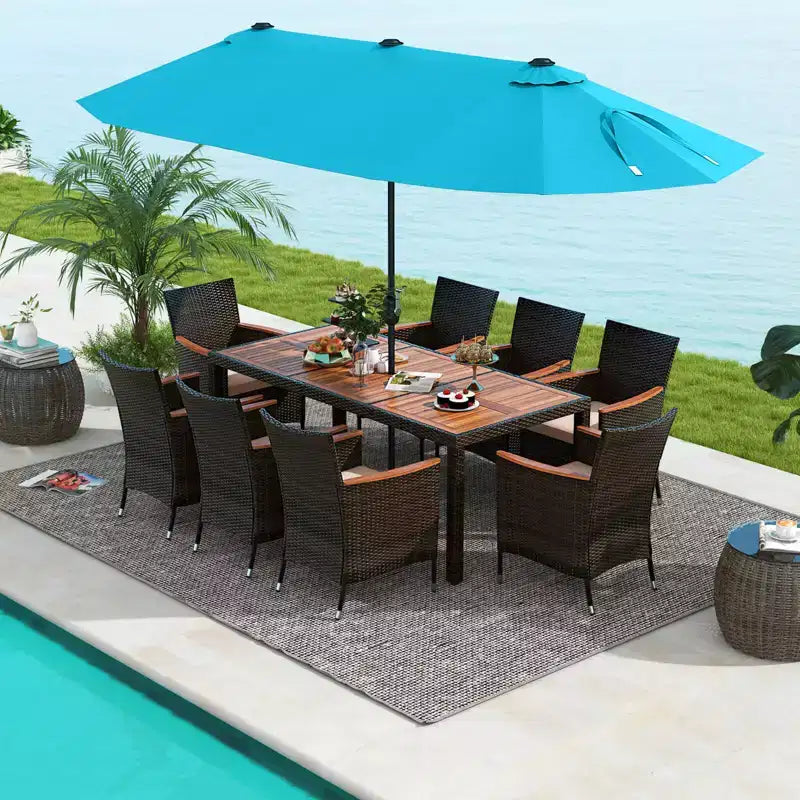 Ensemble de salle à manger Costway 11 pièces avec parasol de terrasse double face de 4,5 m (socle inclus) beige/café/bleu marine/orange/lie de vin/gris