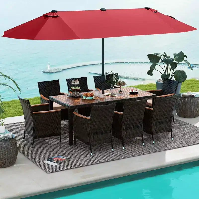 Ensemble de salle à manger Costway 11 pièces avec parasol de terrasse double face de 4,5 m (socle inclus) beige/café/bleu marine/orange/lie de vin/gris