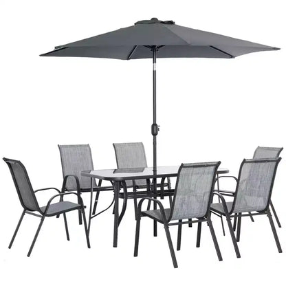 Outsunny Set di mobili da giardino da 8 pezzi con ombrellone, tavolo e sedie da pranzo per esterni, 6 sedie, parasole inclinabile con pulsante e manovella, piano in vetro