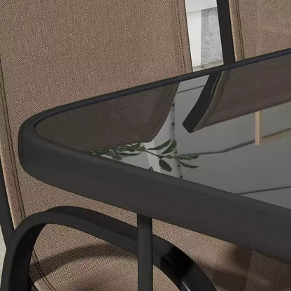 Outsunny Set di mobili da giardino da 8 pezzi con ombrellone, tavolo e sedie da pranzo per esterni, 6 sedie, parasole inclinabile con pulsante e manovella, piano in vetro