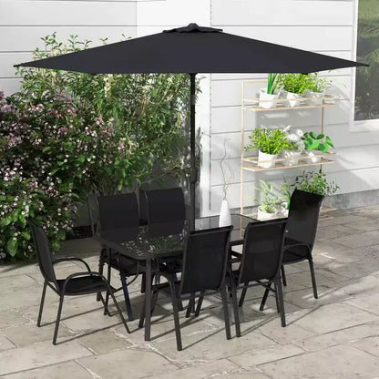 Outsunny Set di mobili da giardino da 8 pezzi con ombrellone, tavolo e sedie da pranzo per esterni, 6 sedie, parasole inclinabile con pulsante e manovella, piano in vetro