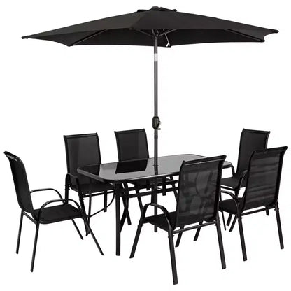 Outsunny Set di mobili da giardino da 8 pezzi con ombrellone, tavolo e sedie da pranzo per esterni, 6 sedie, parasole inclinabile con pulsante e manovella, piano in vetro