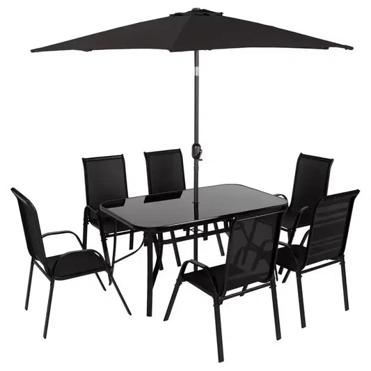 Outsunny 8 Piece Patio Furniture Set with Umbrella, Outdoor Dining Table and Chairs, 6 Chairs, Push Button Tilt and Crank Parasol, Glass Top