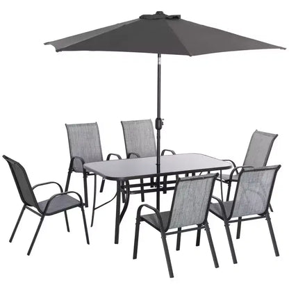 Outsunny Set di mobili da giardino da 8 pezzi con ombrellone, tavolo e sedie da pranzo per esterni, 6 sedie, parasole inclinabile con pulsante e manovella, piano in vetro