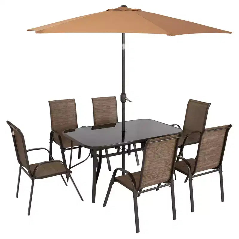 Outsunny Set di mobili da giardino da 8 pezzi con ombrellone, tavolo e sedie da pranzo per esterni, 6 sedie, parasole inclinabile con pulsante e manovella, piano in vetro