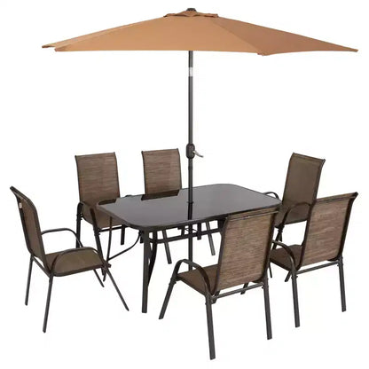 Outsunny Set di mobili da giardino da 8 pezzi con ombrellone, tavolo e sedie da pranzo per esterni, 6 sedie, parasole inclinabile con pulsante e manovella, piano in vetro