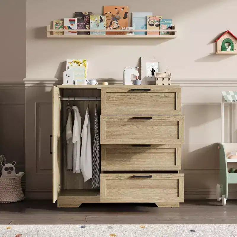 Armadio Guardaroba, 109,98 cm H, in Legno, con 4 Cassetti e Asta Appendiabiti, Rovere Naturale Grigio