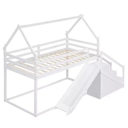 Lits superposés maison avec toboggan et escaliers de rangement, lit superposé double en bois avec toit et escaliers pour filles et garçons