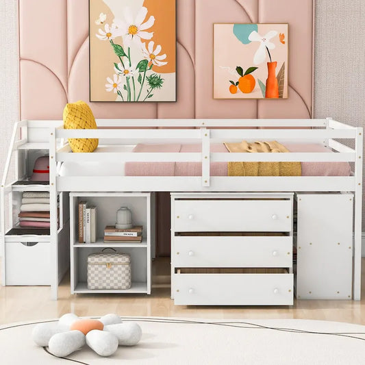Letto a soppalco full size con scrivania estraibile e 3 cassetti